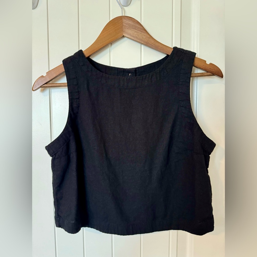 Boxy Black Linen Blend Sleeveless Top, Size Small